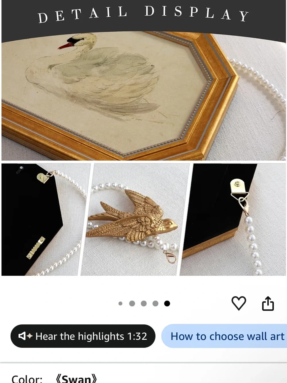 Gold Octagonal Framed Swan Art with Pearl Bead Hanger